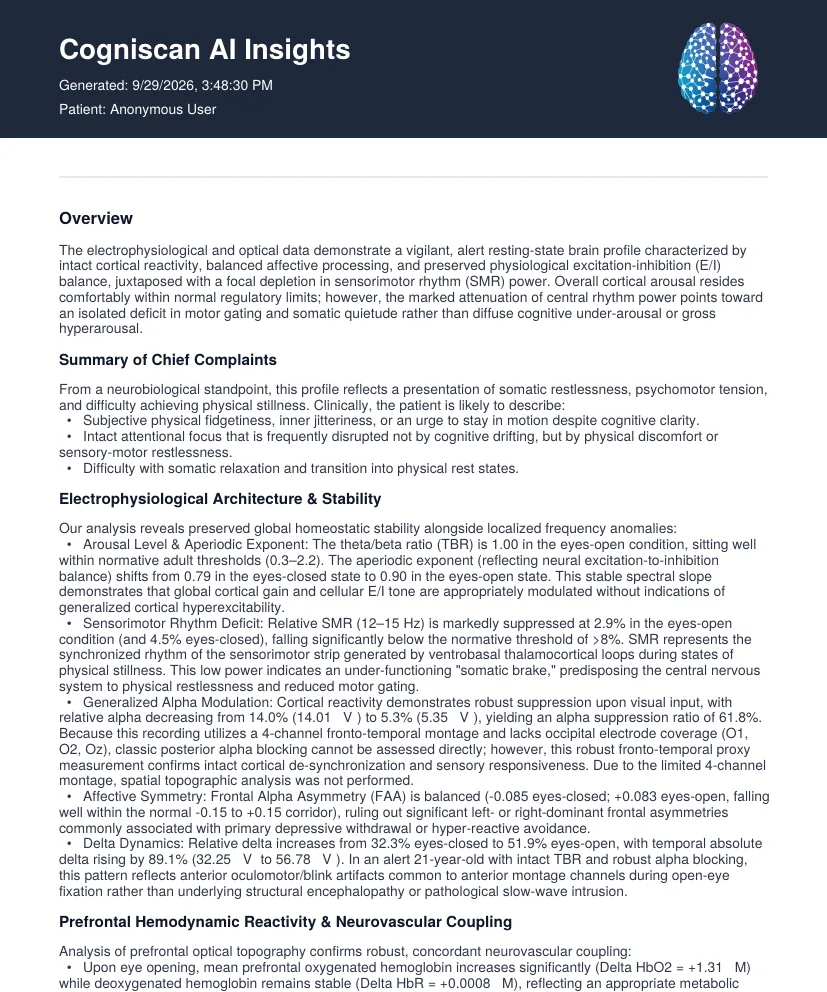First page of a Cogniscan AI Insights summary: overview and summary of chief complaints